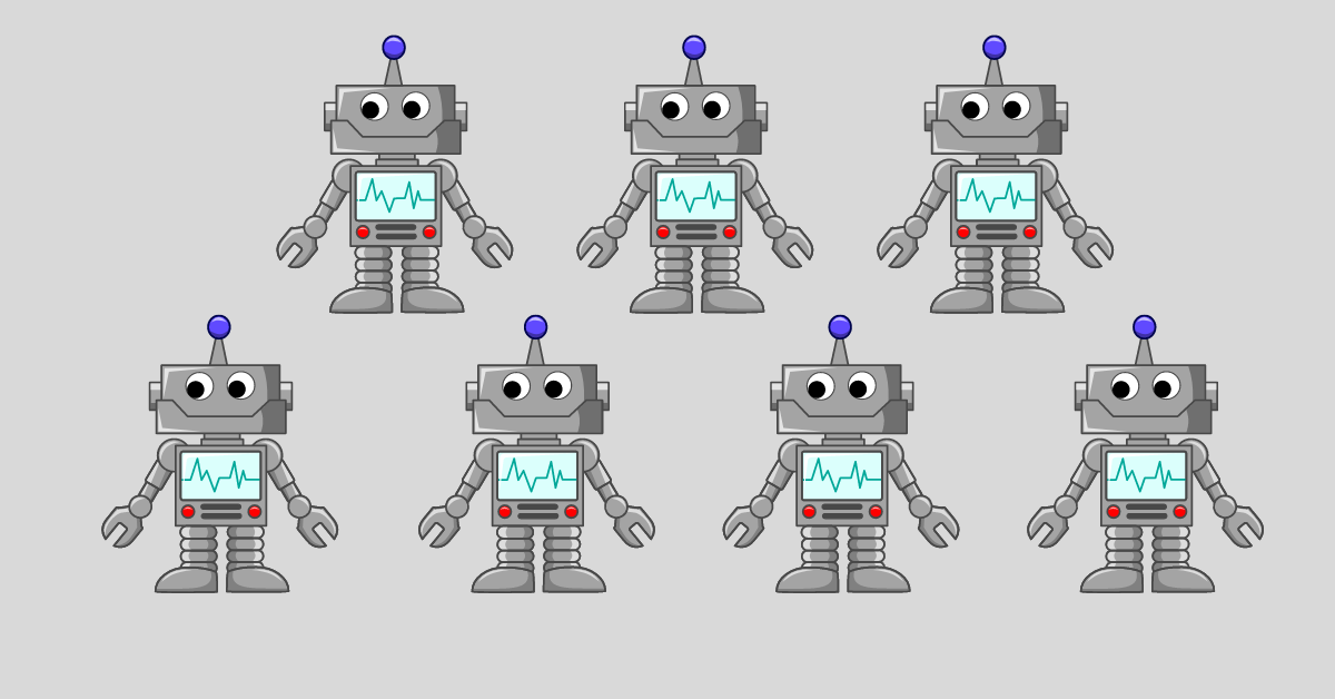 seven identical robots on a grey background