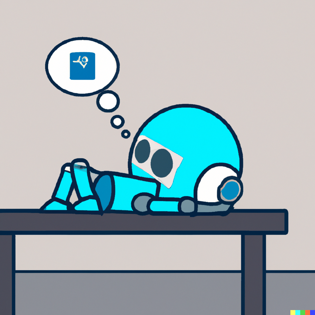 blue robot lying on a table and day dreaming