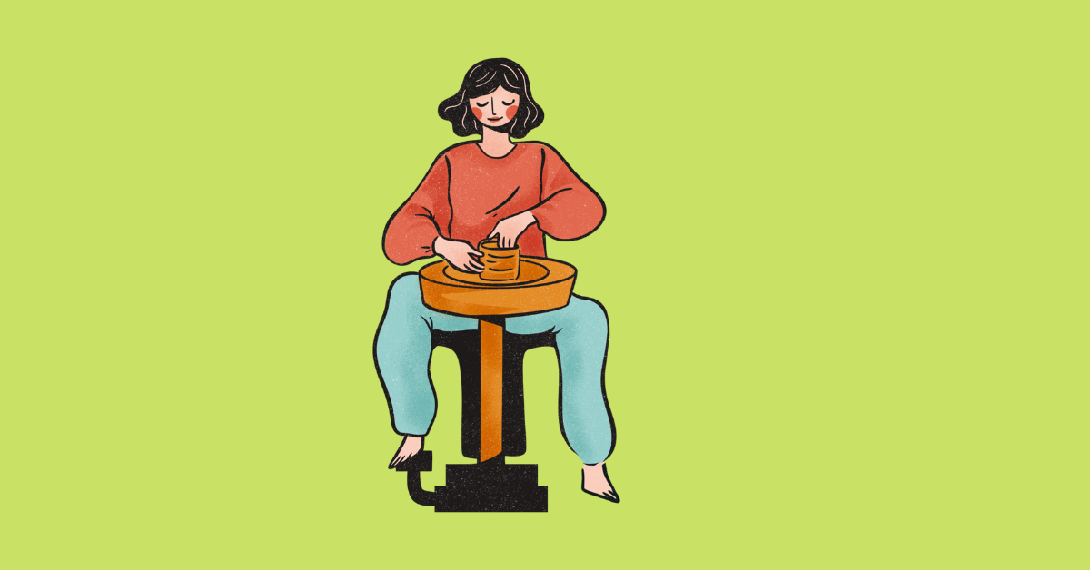 illustration of a woman at a potters wheel with a green background